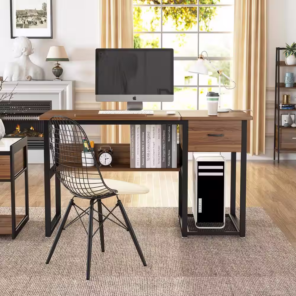 None 47 in. Retangular Particle Board Brown 1-Drawer Drafting Writing Desk with Shelves and Tiltable Tabletop Drawing Table