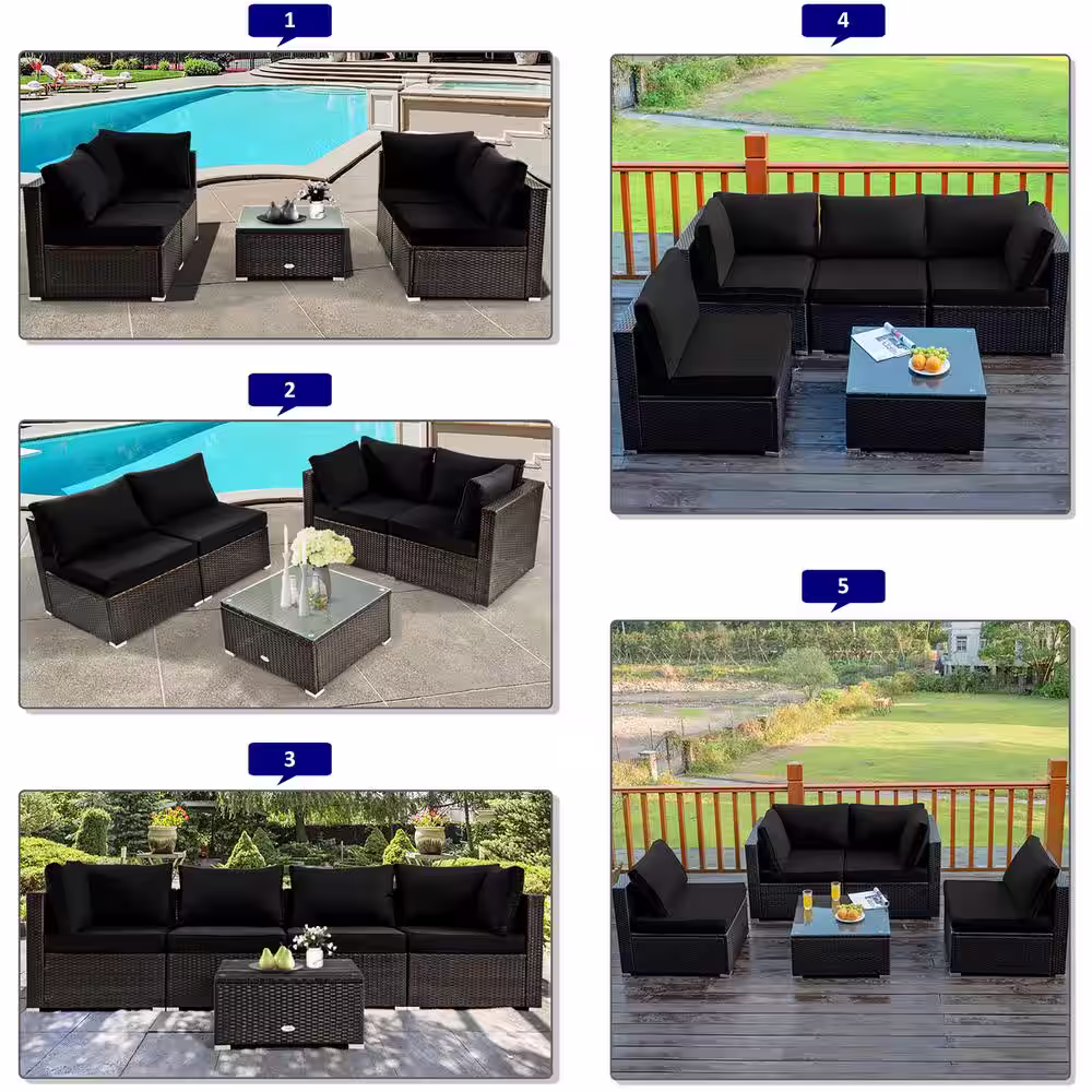 Costway Black 5-Piece Wicker Steel Patio Furniture Set with Black Cushions