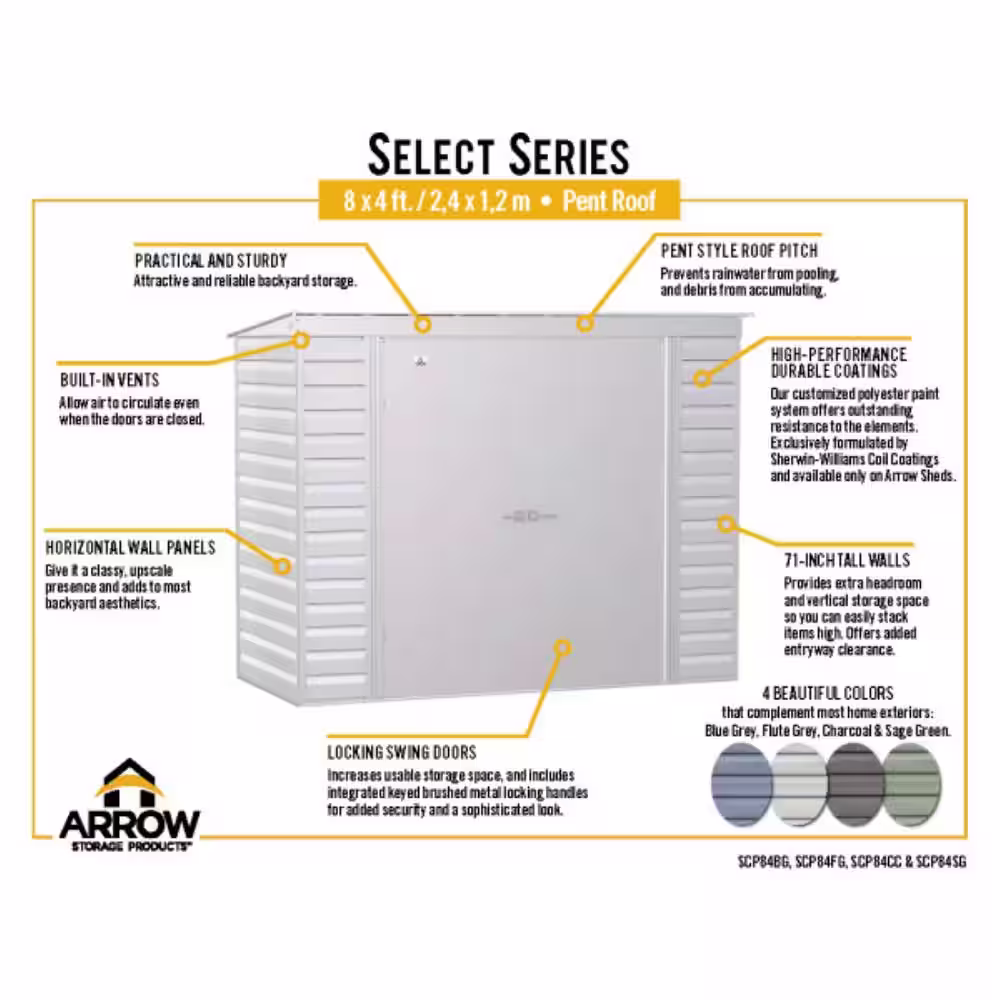 Arrow Select 8 ft. W x 4 ft. D Charcoal Metal Shed 28 sq. ft.