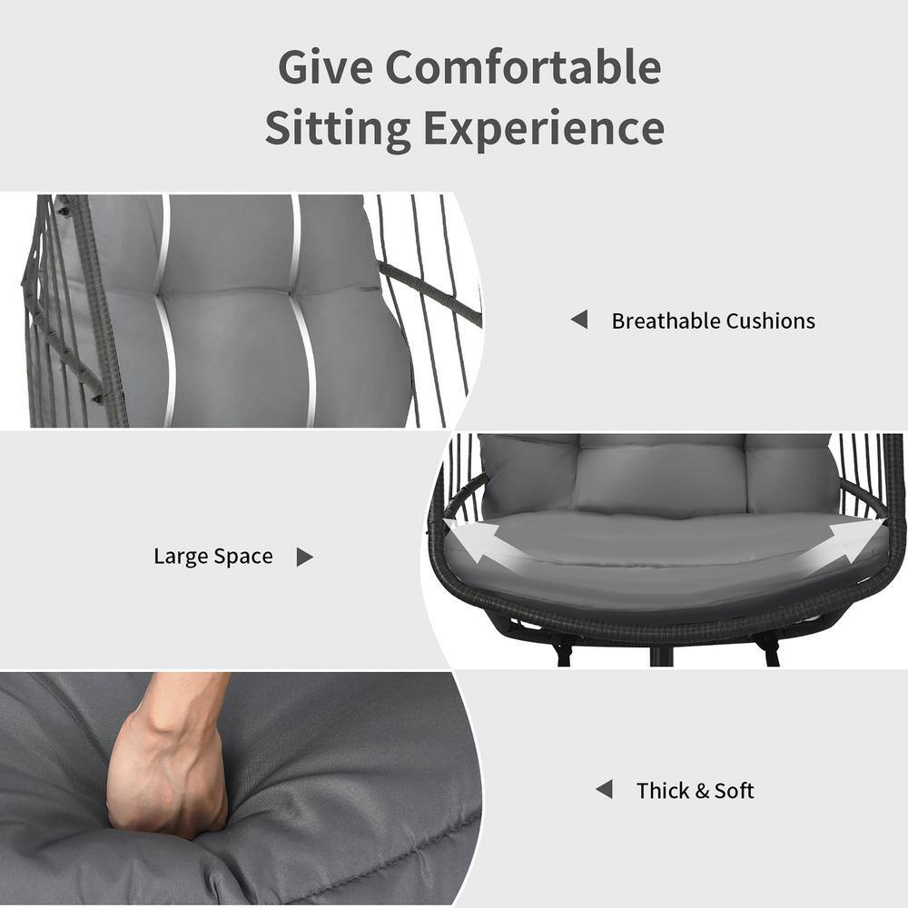 HONEY JOY 6.75 ft. Free Standing Modern Rattan Hanging Egg Swing Chair with Stand Foldable Cushioned Hammock in Gray