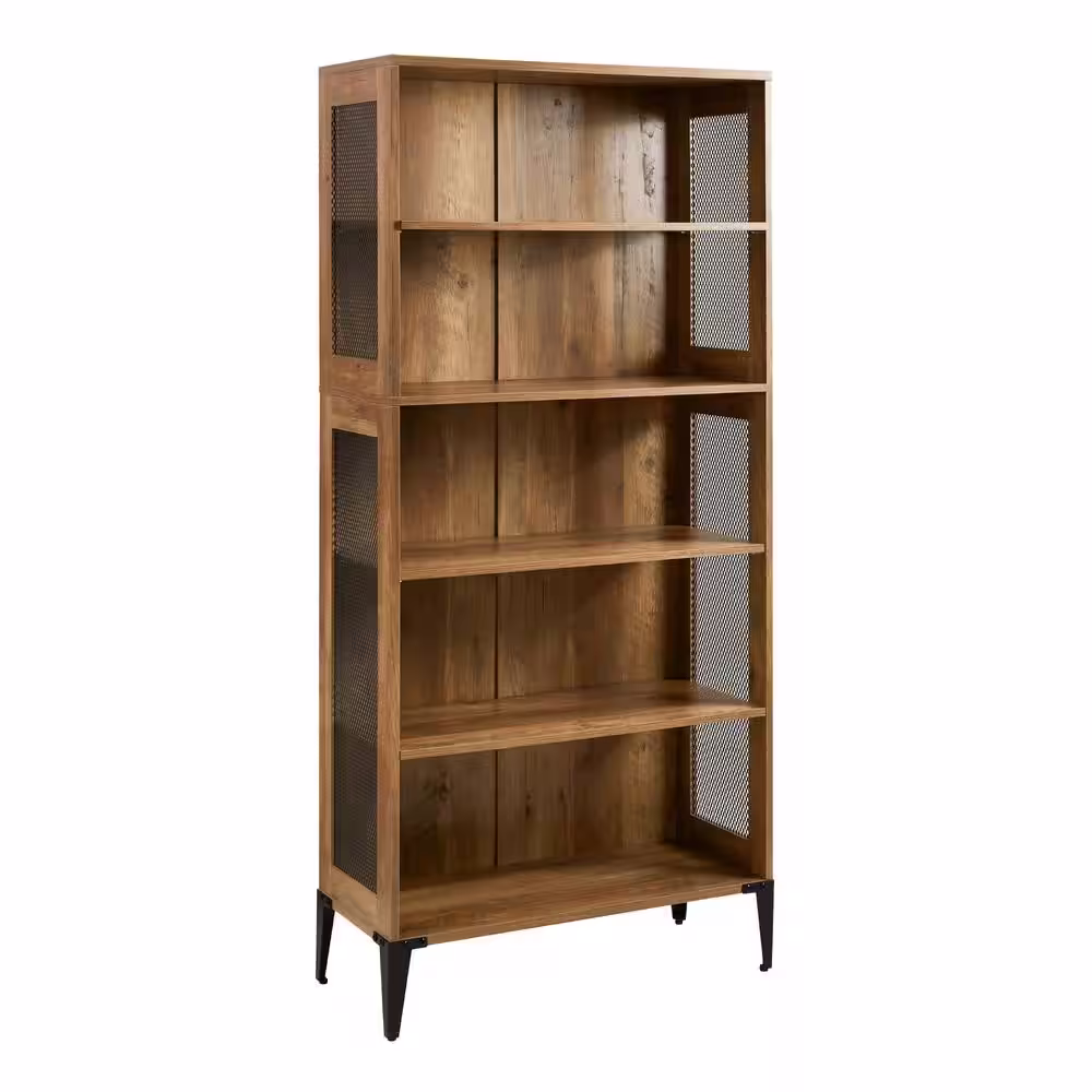 Welwick Designs 68 in. Reclaimed Barnwood and Metal Mesh Industrial 4-Shelf Standard Bookcase with 3-Adjustable Shelves