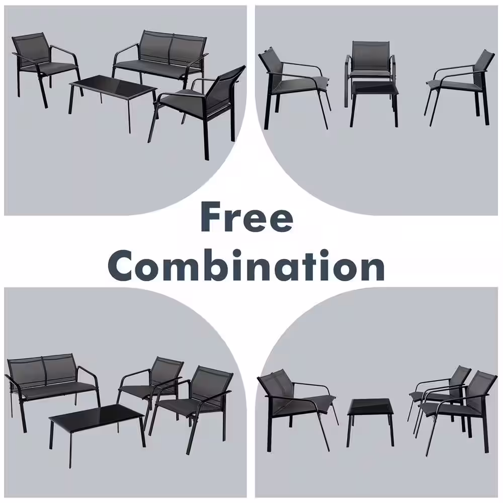 Costway 4-Piece Metal Patio Conversation Set Loveseat Sofas Armrest Glass Table Deck Black