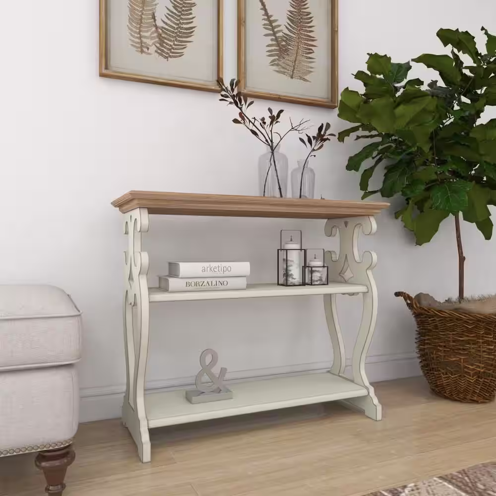 Litton Lane 38 in. White Extra Large Rectangle Wood Scroll Side Frames 2 Shelf Console Table with Brown Wood Top