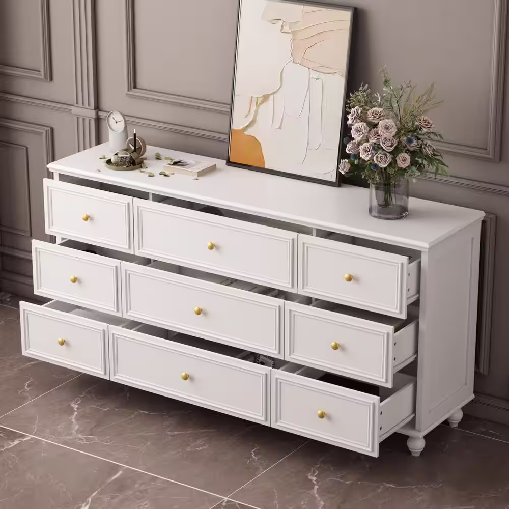 None 9-Drawer White Wooden Chest of Drawers, Modern European Style (63 in. W x 31.5 in. H x 15.7 in. D)