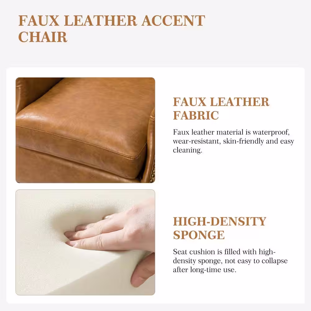 JAYDEN CREATION Gianluigi Camel Vegan Leather Armchair with Rolled Arms and Nailhead Trim