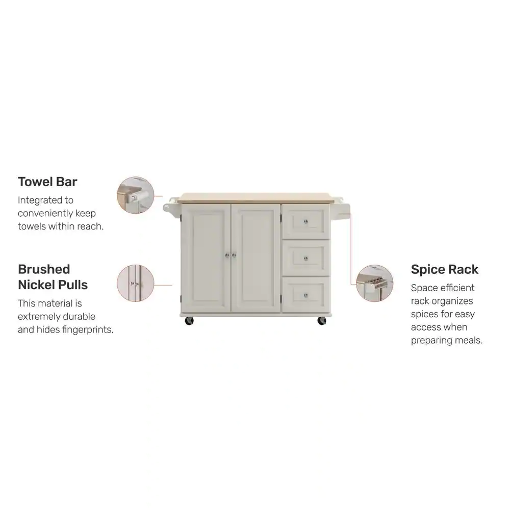 HOMESTYLES Dolly Madison White Kitchen Cart with Natural Wood Top