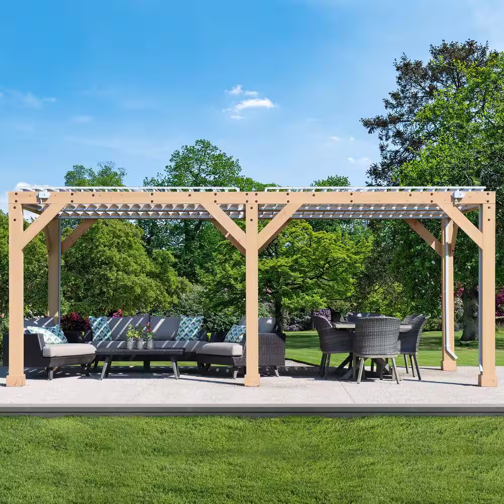 Yardistry Meridian 10 ft. x 20 ft. Premium Cedar Patio Shade Pergola with Gray Louvered Roof Panels and Built-In Gutter System