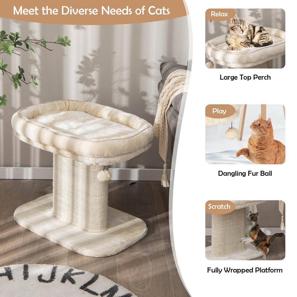 ANGELES HOME Beige Wood Modern Cat Tree Tower with Large Plush Perch and Sisal Scratching Plate