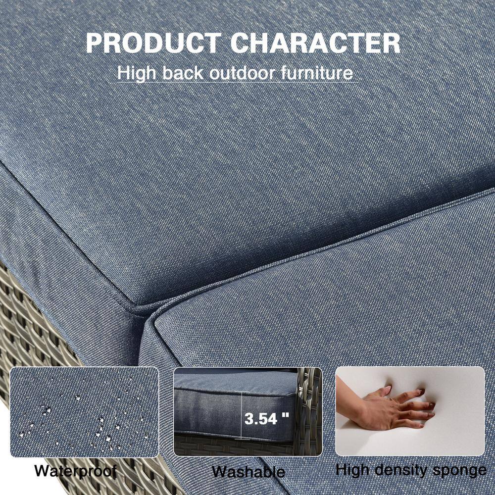 OVIOS Joyoung Gray 5-Piece Wicker Patio Conversation Seating Set with Denim Blue Cushions