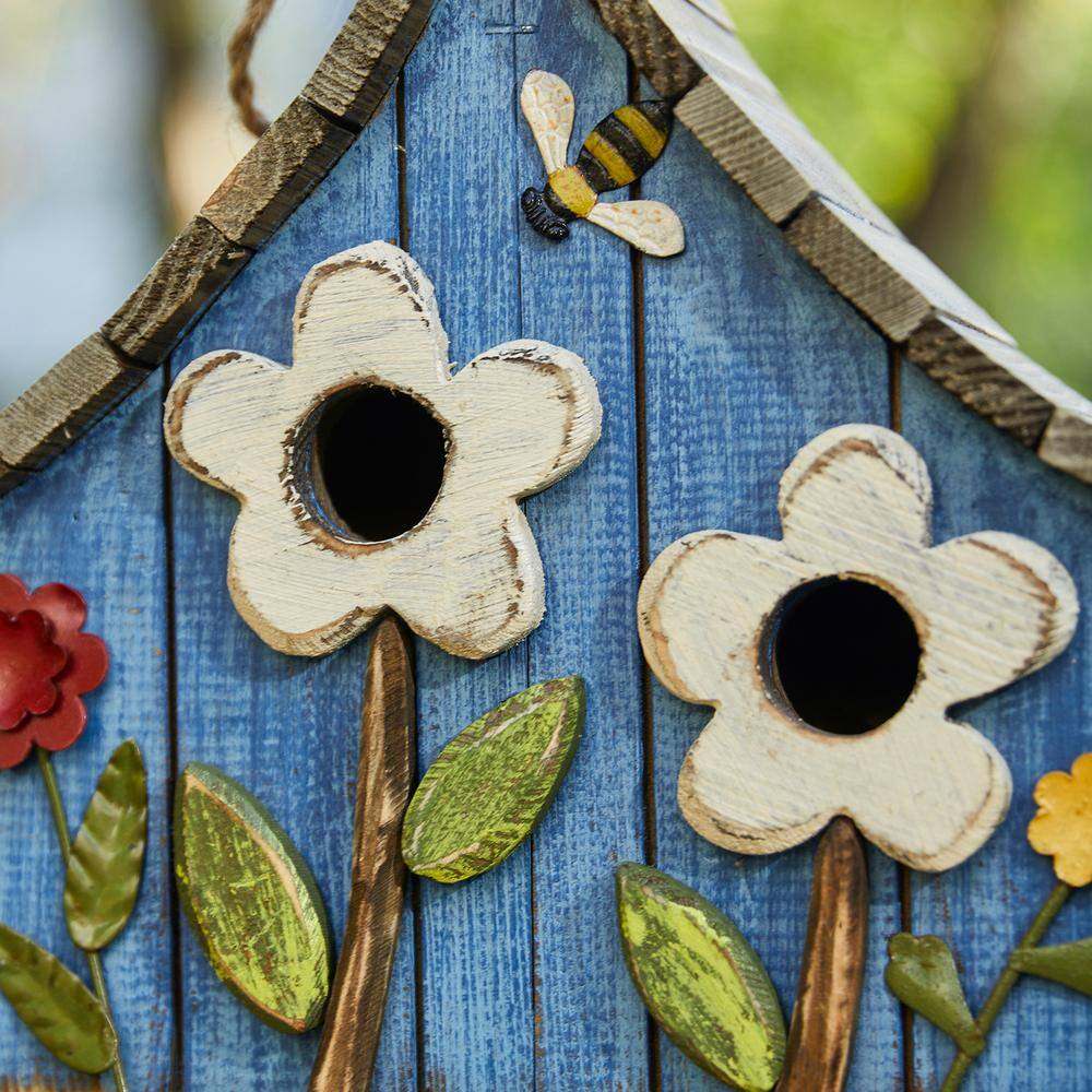 Glitzhome 10.5 in. H Distressed Solid Wood Birdhouse with 3D Flowers