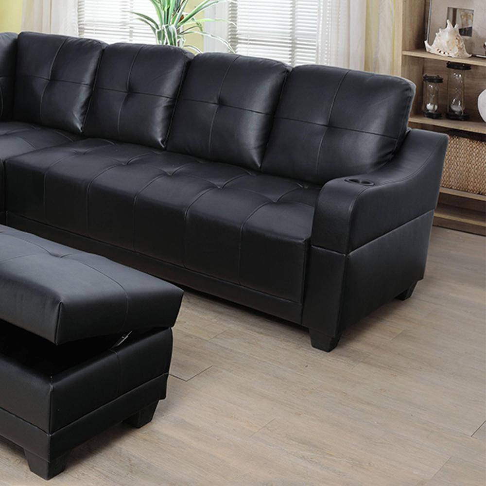 Star Home Living Mike 3-Piece Black Faux Leather 3-Seater L-Shaped Left-Facing Sectional Sofa with Ottoman