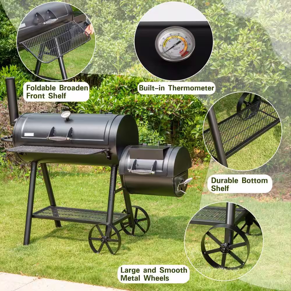 None Extra Large Heavy-Duty Offset Charcoal Smoker in Black