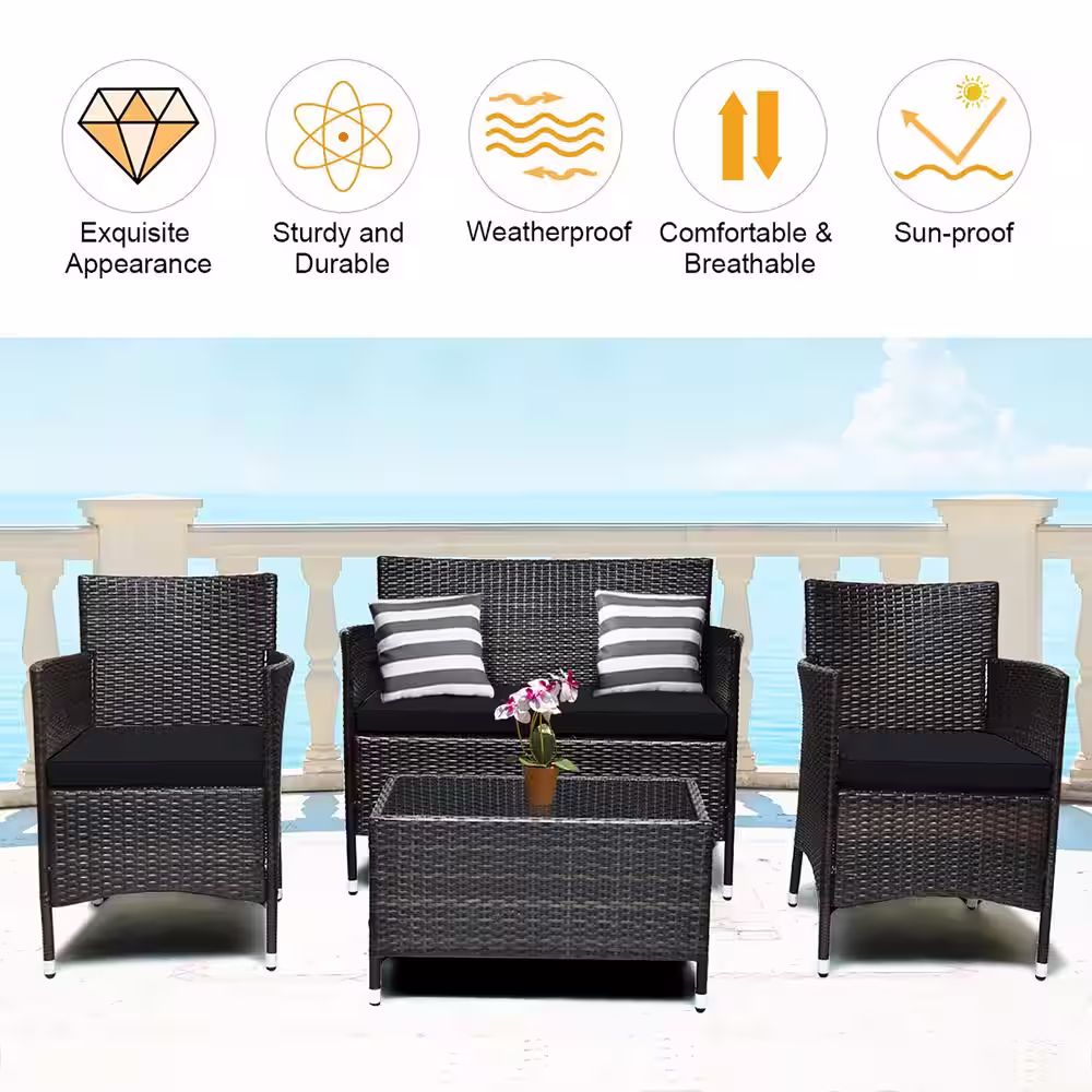 Costway 8-Piece Rattan Wicker Patio Conversation Set Cushioned Sofa Chair Coffee Table with Black Cushions