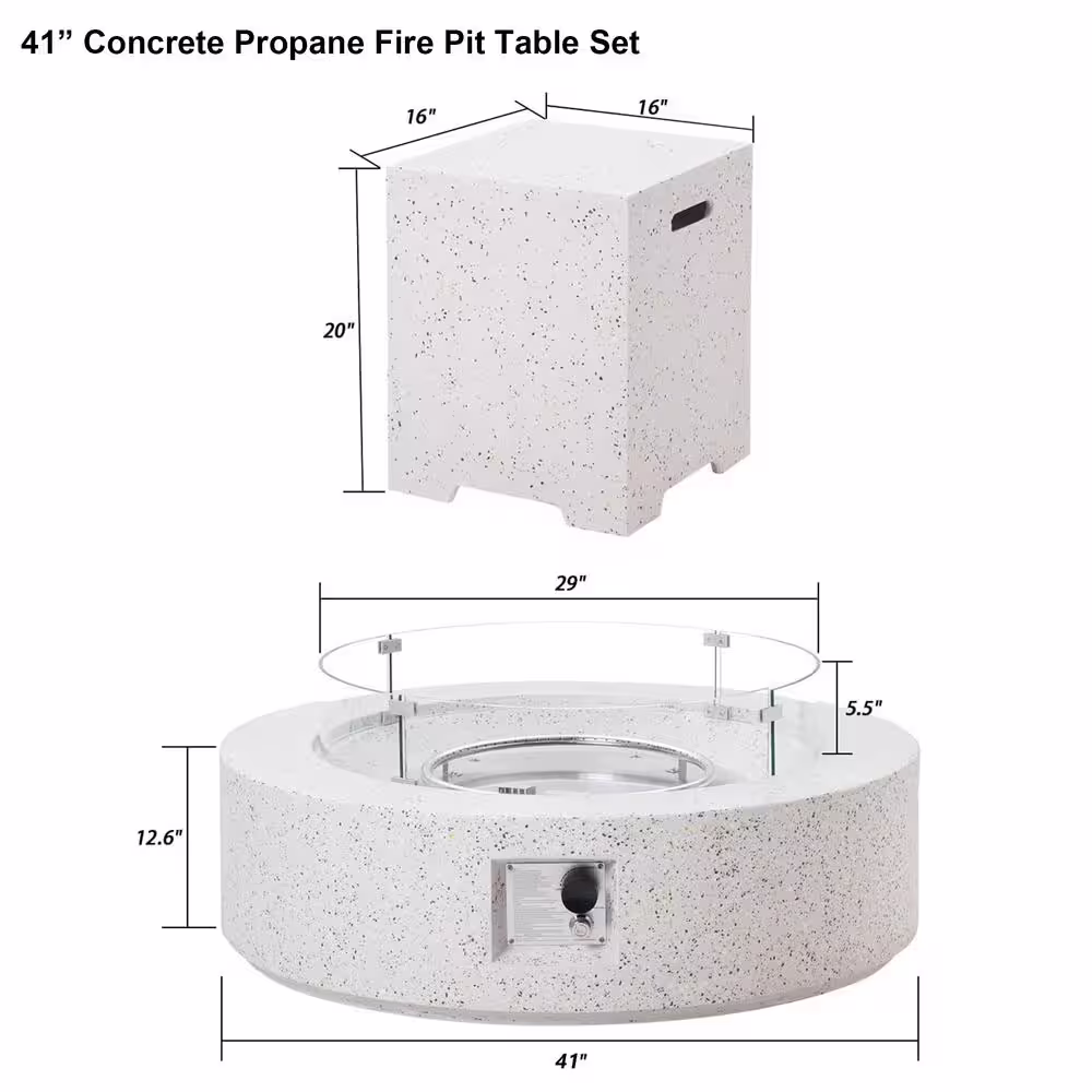 None 41 in. 50000 BTU Elegant White Round Composite GRFC Fire Pit Table with Glass Wind Guard and Water-Resistent Cover