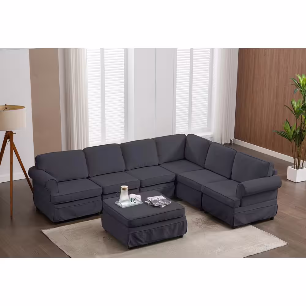 Harper & Bright Designs 108.6 in. W Rolled Arm 7-piece Linen Upholstered Modular Sectional Sofa in Gray with Ottoman