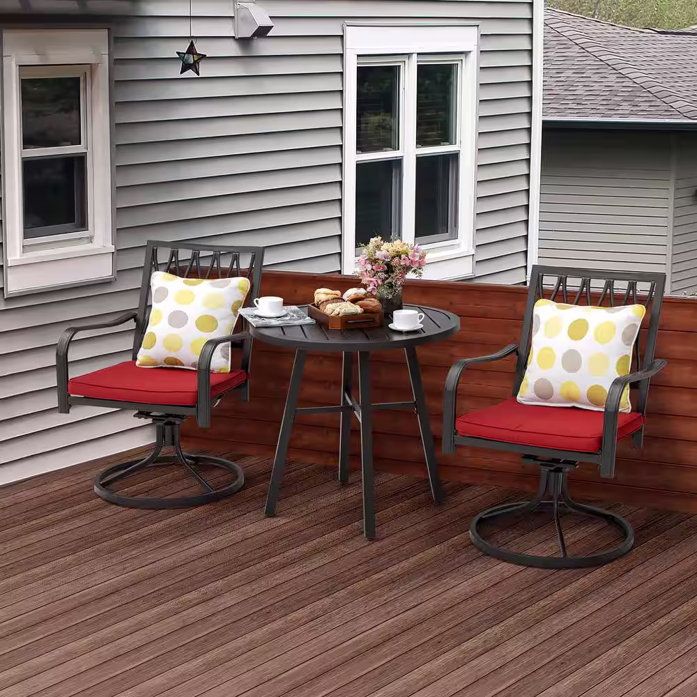 Nuu Garden 3-Piece Metal Swivel Patio Bistro Set with Red Cushions