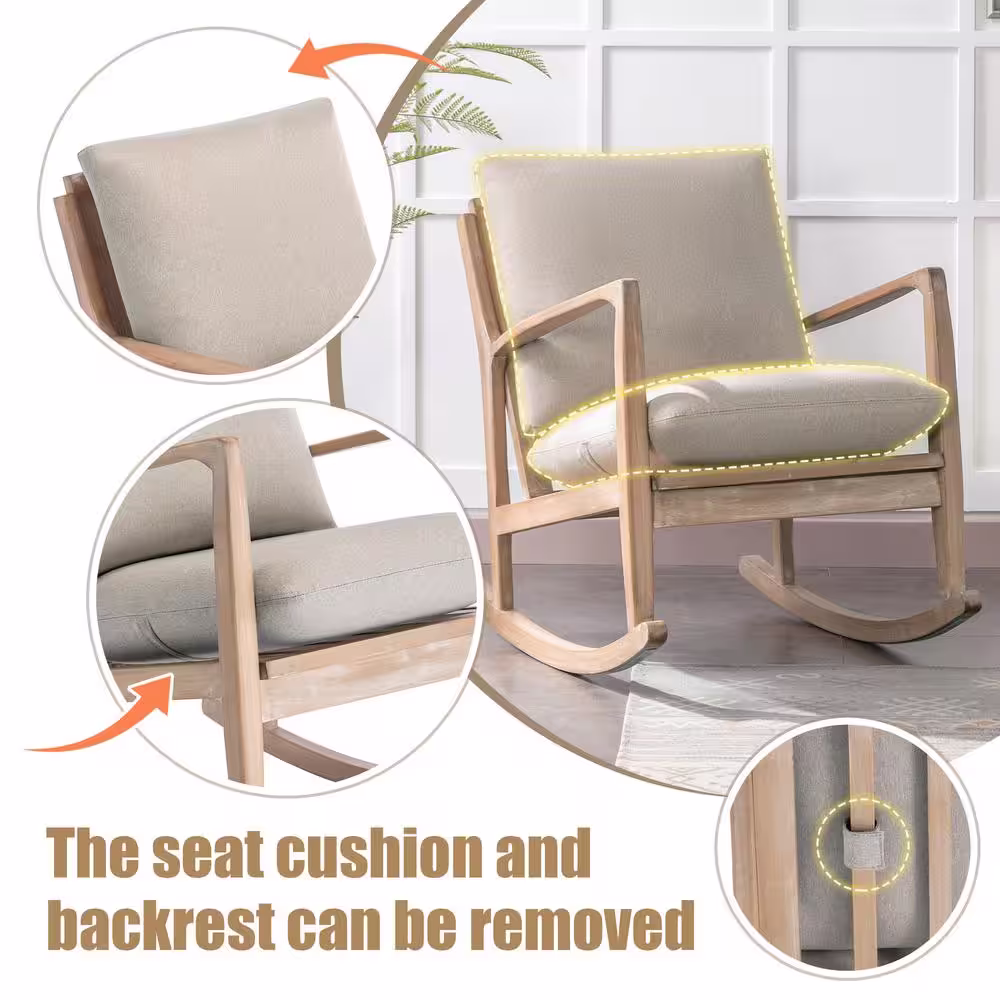 None Beige Solid Wood Rocking Chair Linen Fabric Upholstered Arm Accent Chair