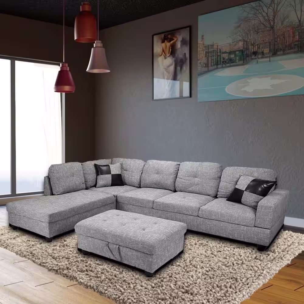 Star Home Living 3-Piece Light Gray Linen 4-Seater L-Shaped Left-Facing Chaise Sectional Sofa with Ottoman