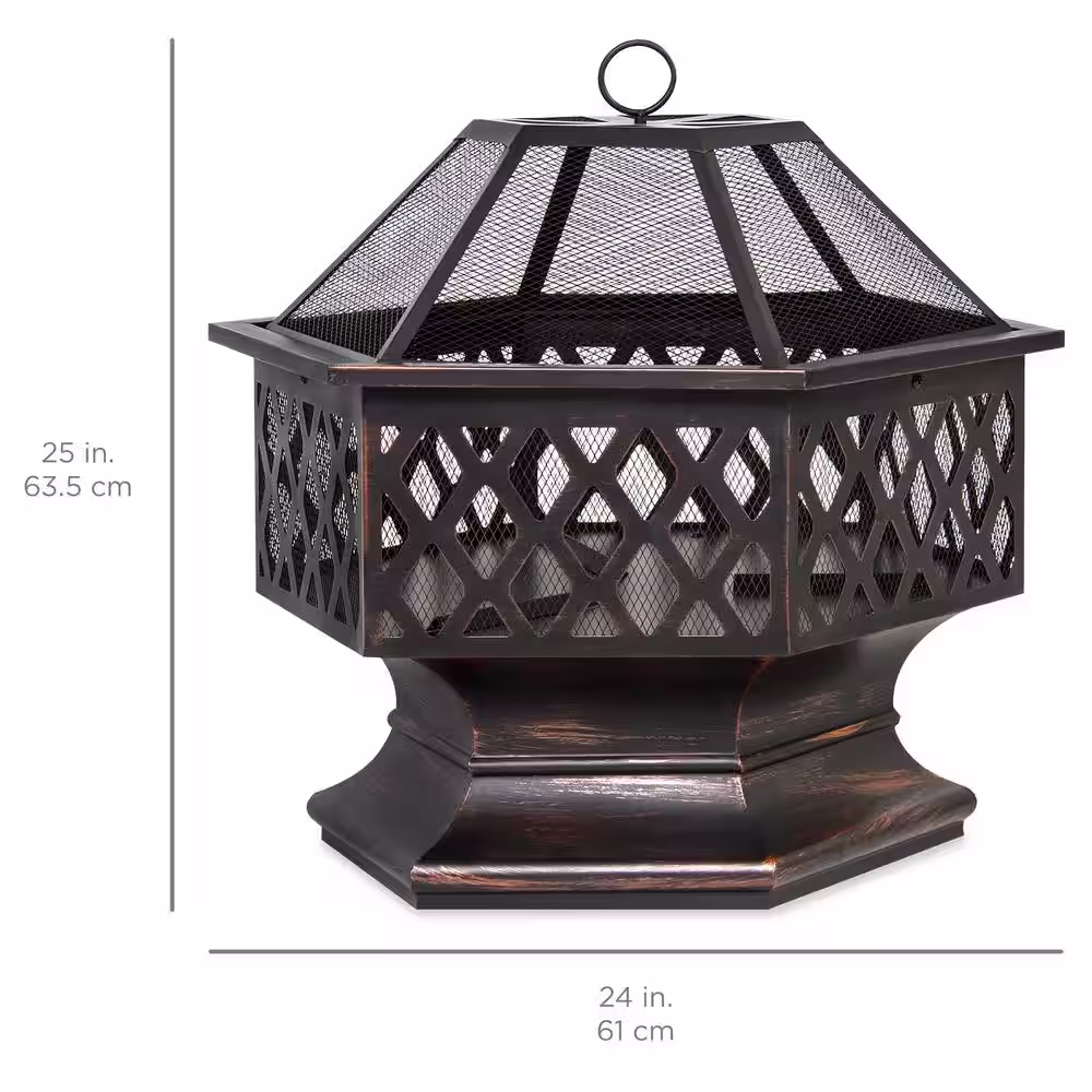 Best Choice Products 24 in. x 24 in. x 8.5 in. Hexagon Steel Wood Fire Pit with Mesh Lid