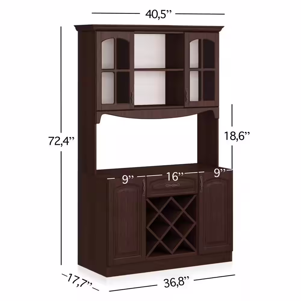 None Galiano 73 in. Espresso Pantry Buffet with Hutch with Wine Rack and Drawer