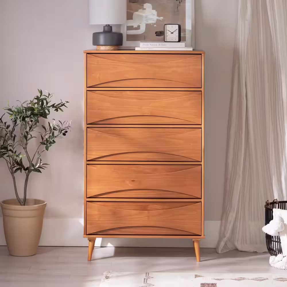 Welwick Designs 5-Drawer Caramel Wood Mid-Century Modern Dresser with Curved Detailing