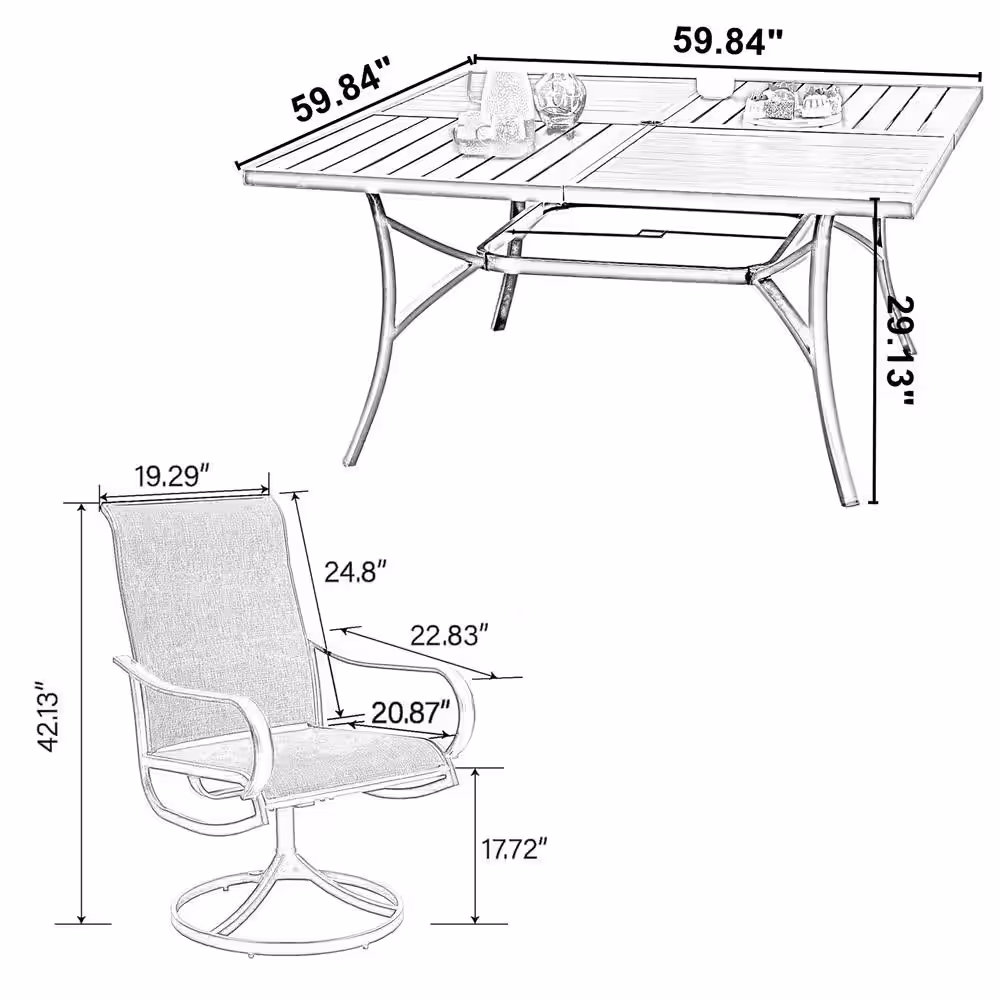 None Black 9-Piece Metal Patio Outdoor Dining Set with Slat Square Table and Textilene Swivel Chairs