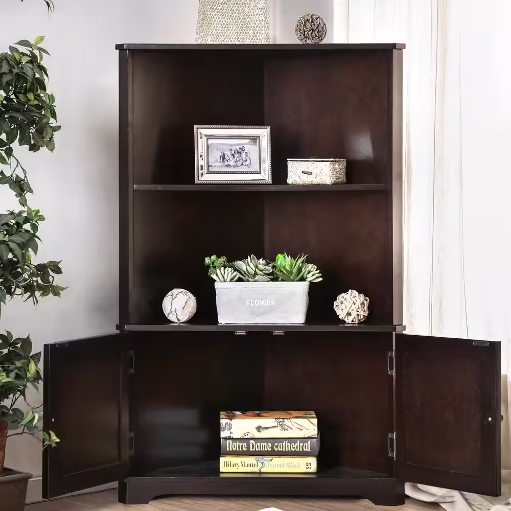 Furniture of America Parkyr 50 in. Dark Walnut Wood 2-Shelf Accent Corner Bookcase