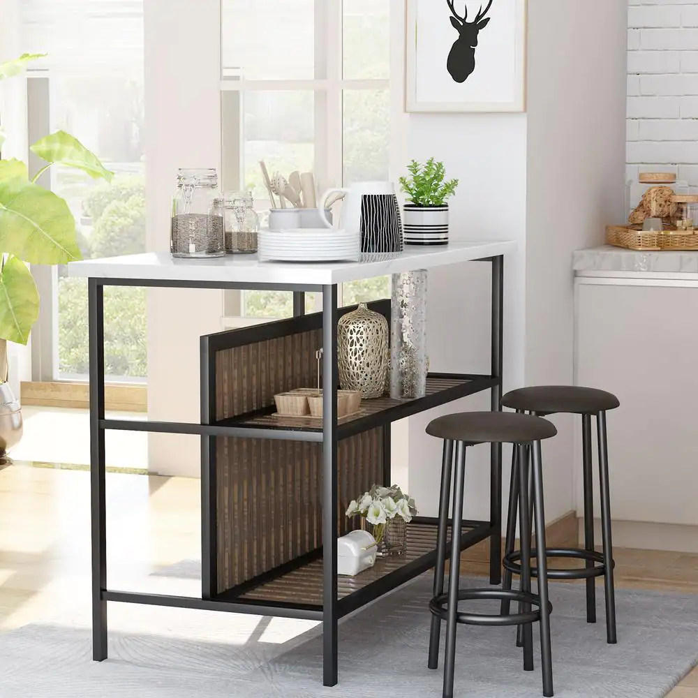 None Greenwood Marble White Kitchen Island Set with Faux Marble Top and 2 Stools