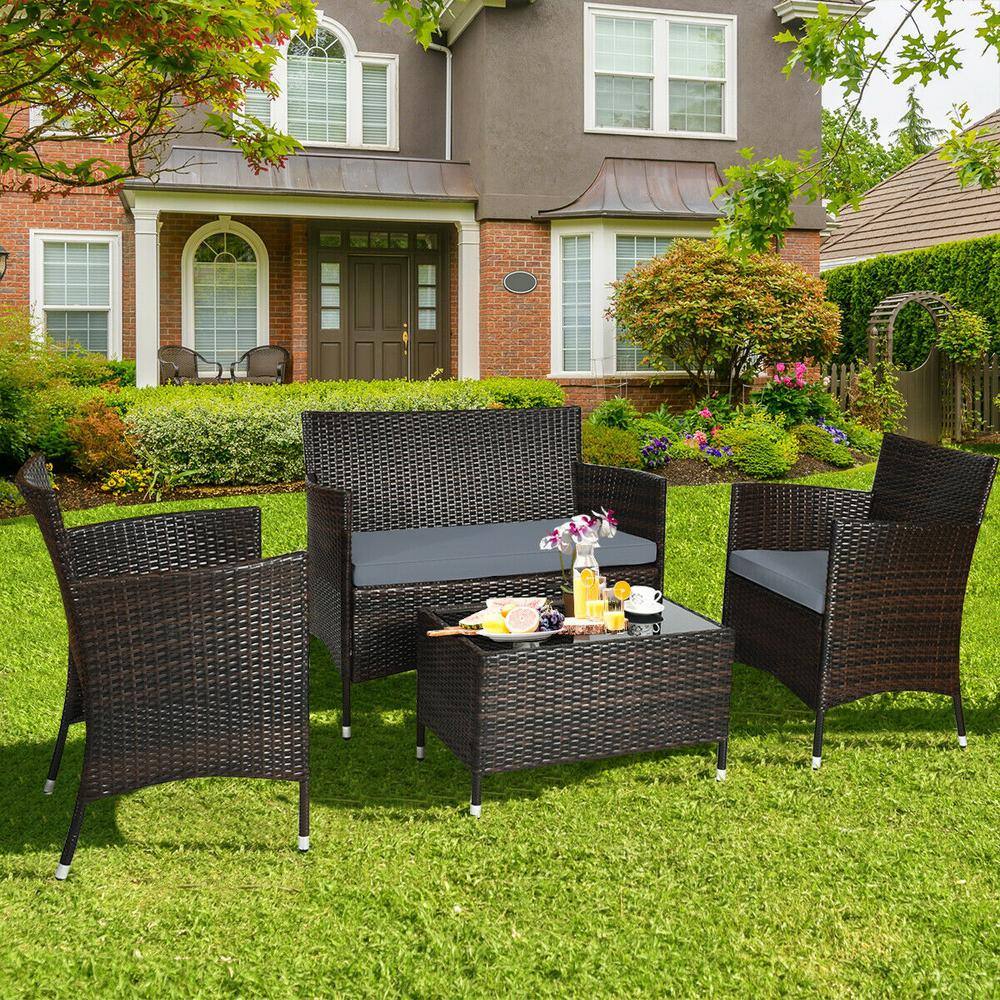 None 4-Piece Metal Wicker Patio Conversation Set with Gray Cushions
