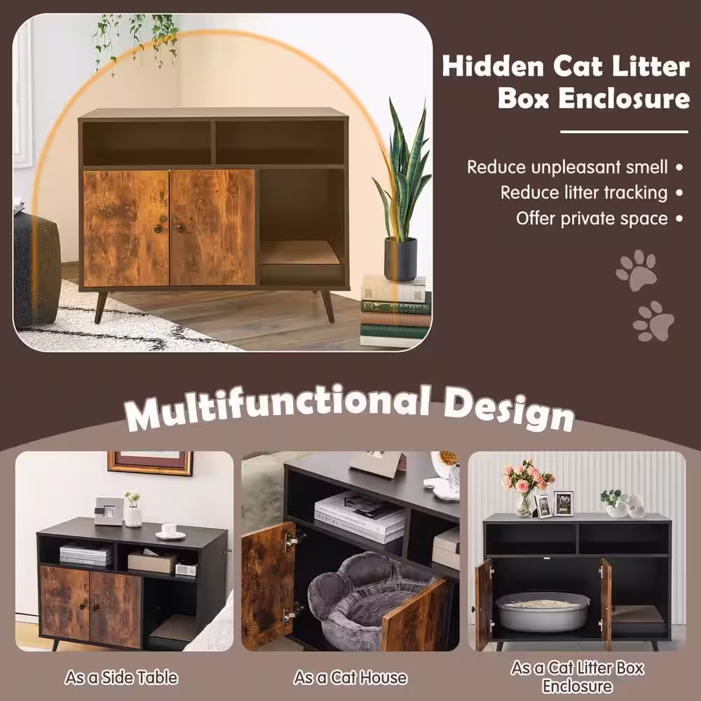 ANGELES HOME 35-1/2 in. x 19-1/2 in. Brown Black MDF Cat Litter Box Enclosure with Scratch Pad