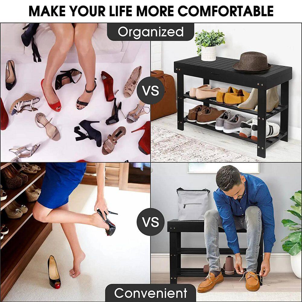 None 18 in. H 6-Pair Black Bamboo Shoe Rack