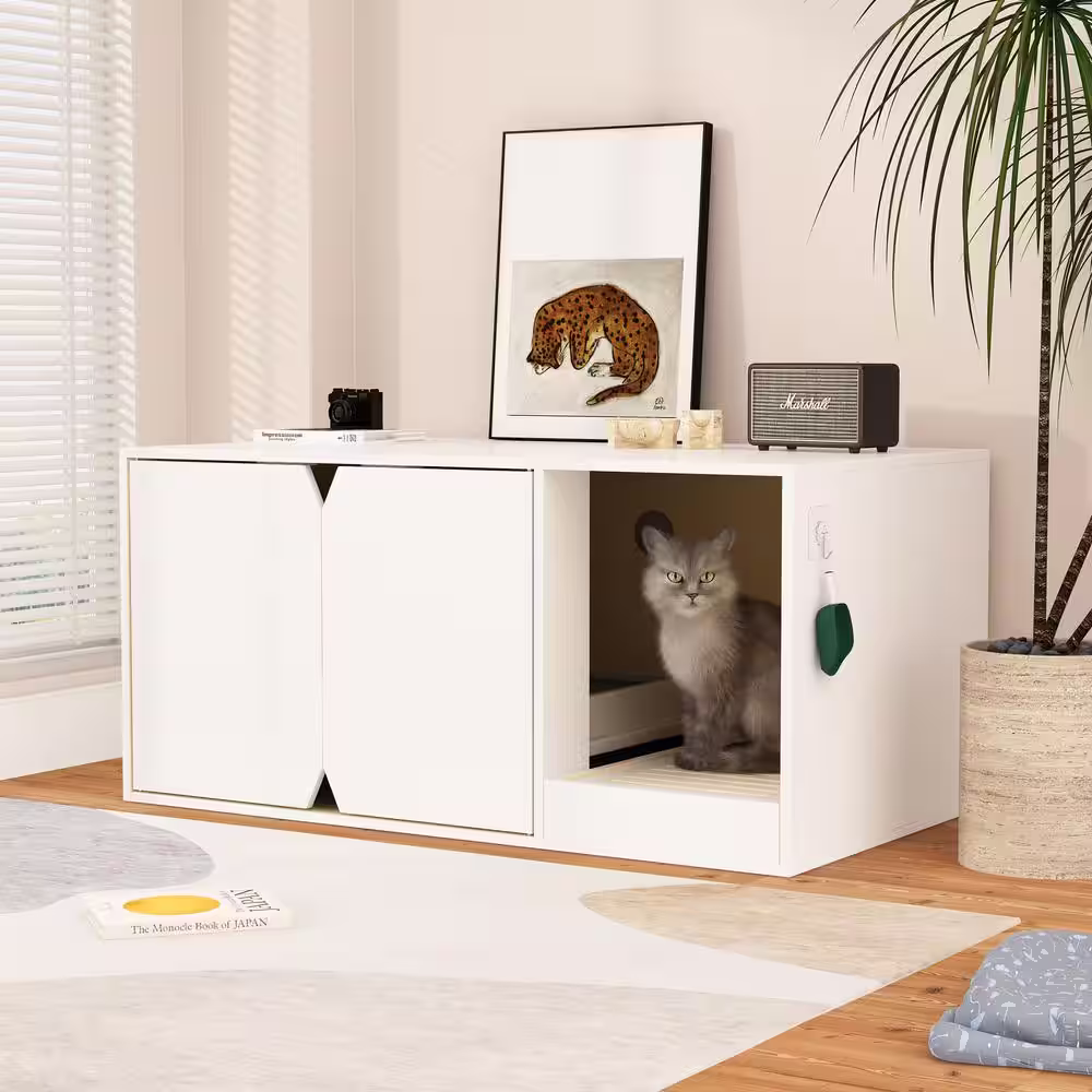 None Log with White Cat Litter Box Enclosure Furniture, Large Stackable Cat Washroom Storage Cabinet with Litter Catch Box