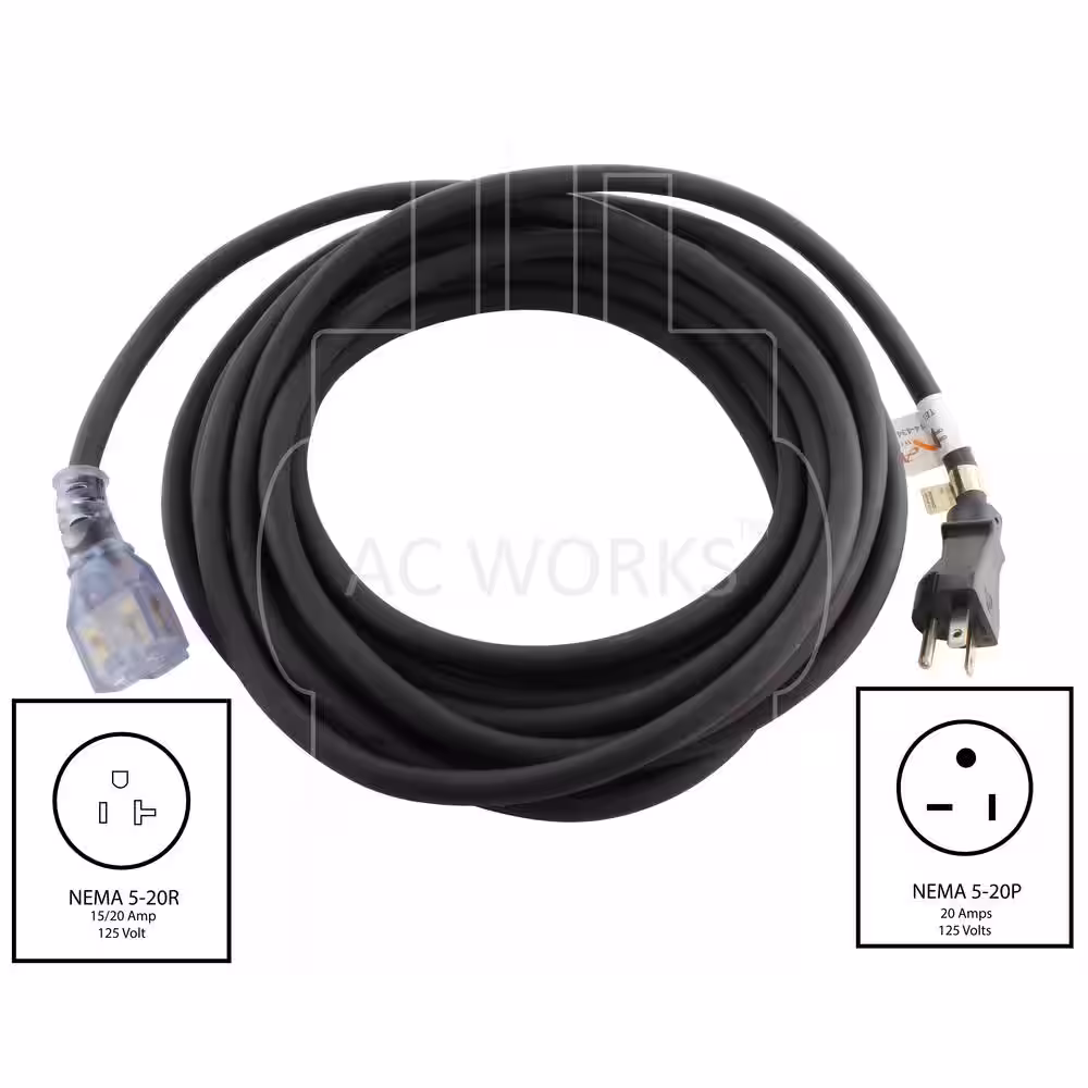 AC WORKS 25 ft. NEMA 5-20 T-Blade Indoor/Outdoor Extension Cord with Indicator Light
