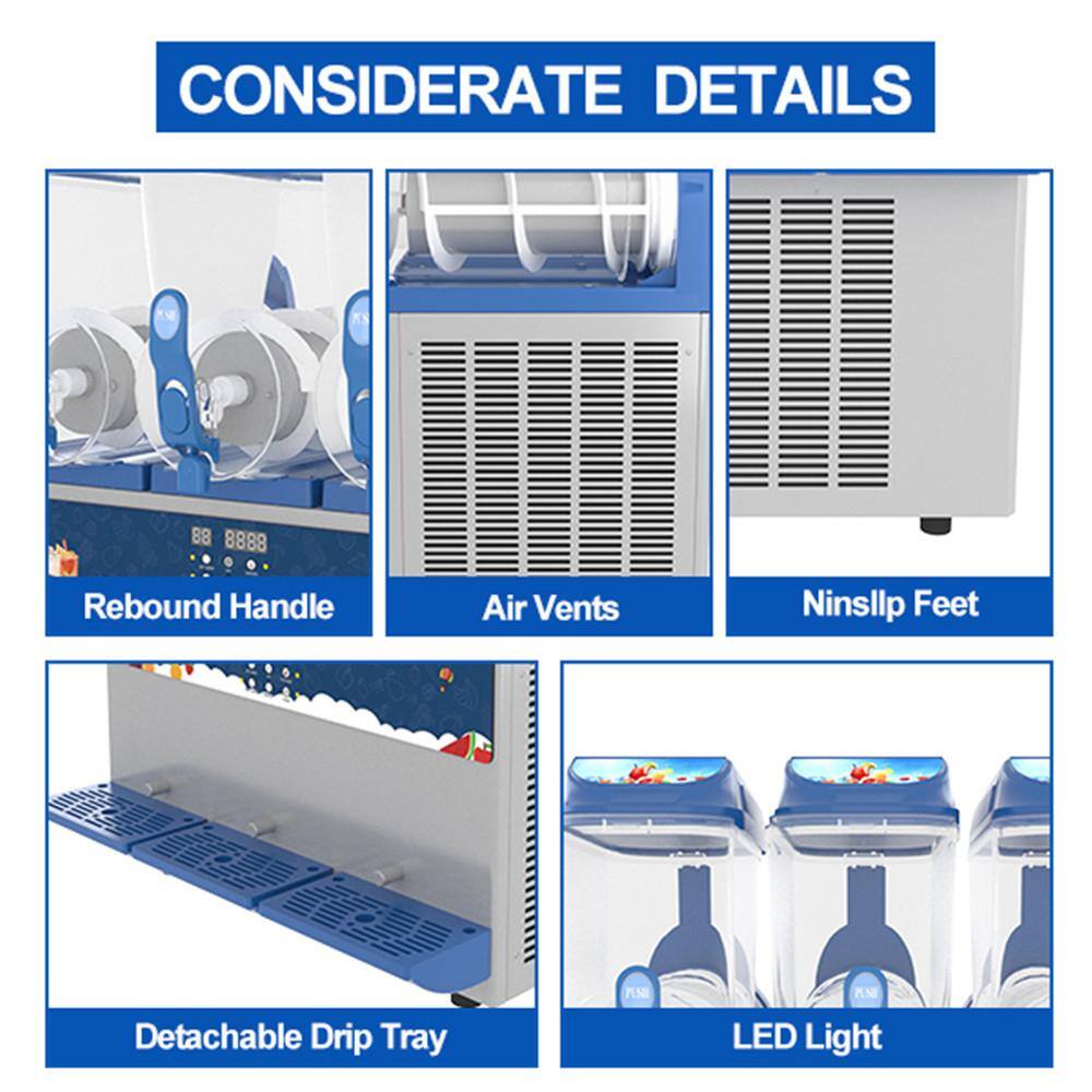 Phivve 1584 oz. Commercial Machine 3 x 15 L Tank 1200-Watt Stainless Steel Sliver Snow Cone Machine