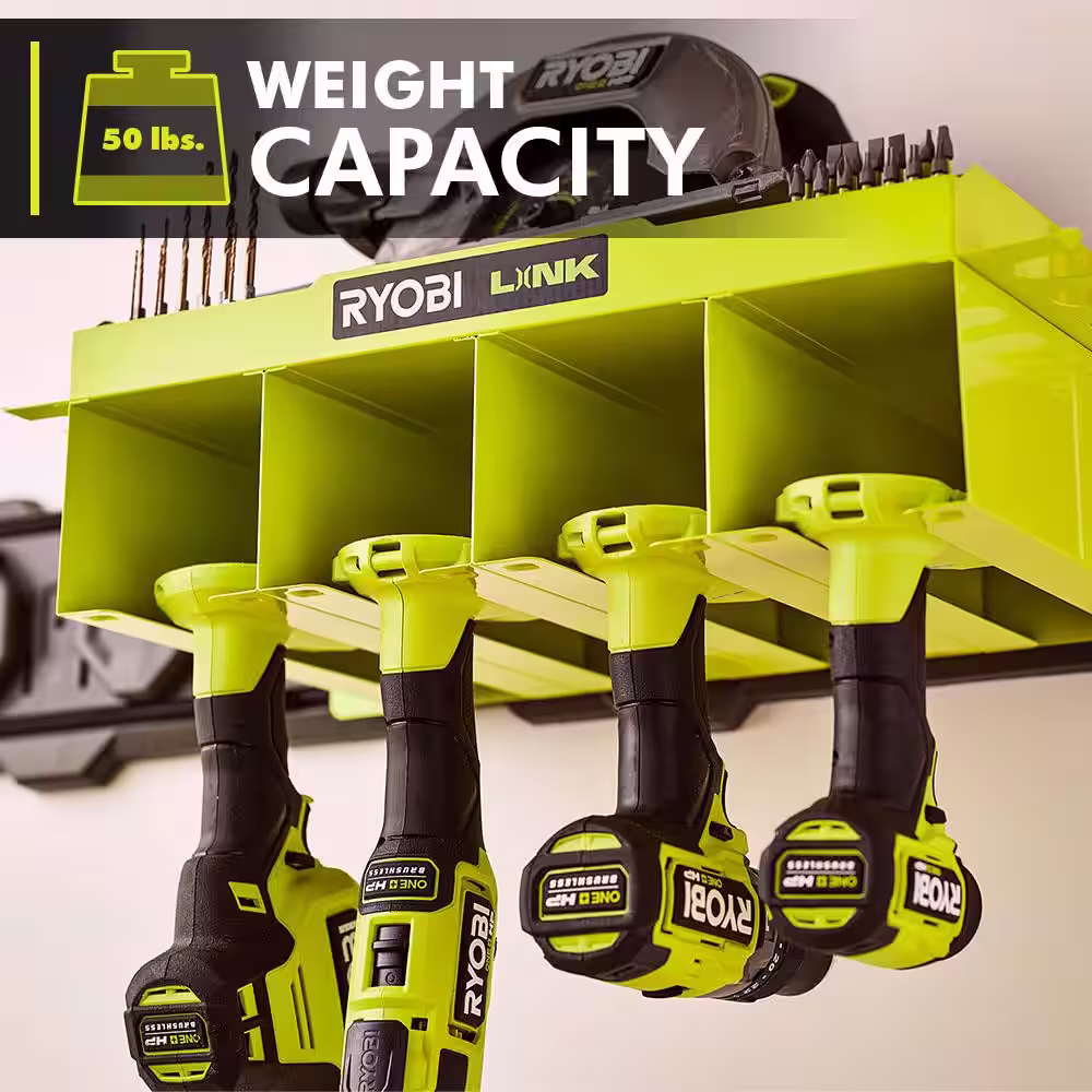 RYOBI LINK Tool Holding Shelf with Starter Kit, Wall Rails and Power Tool Hook (11-Piece)