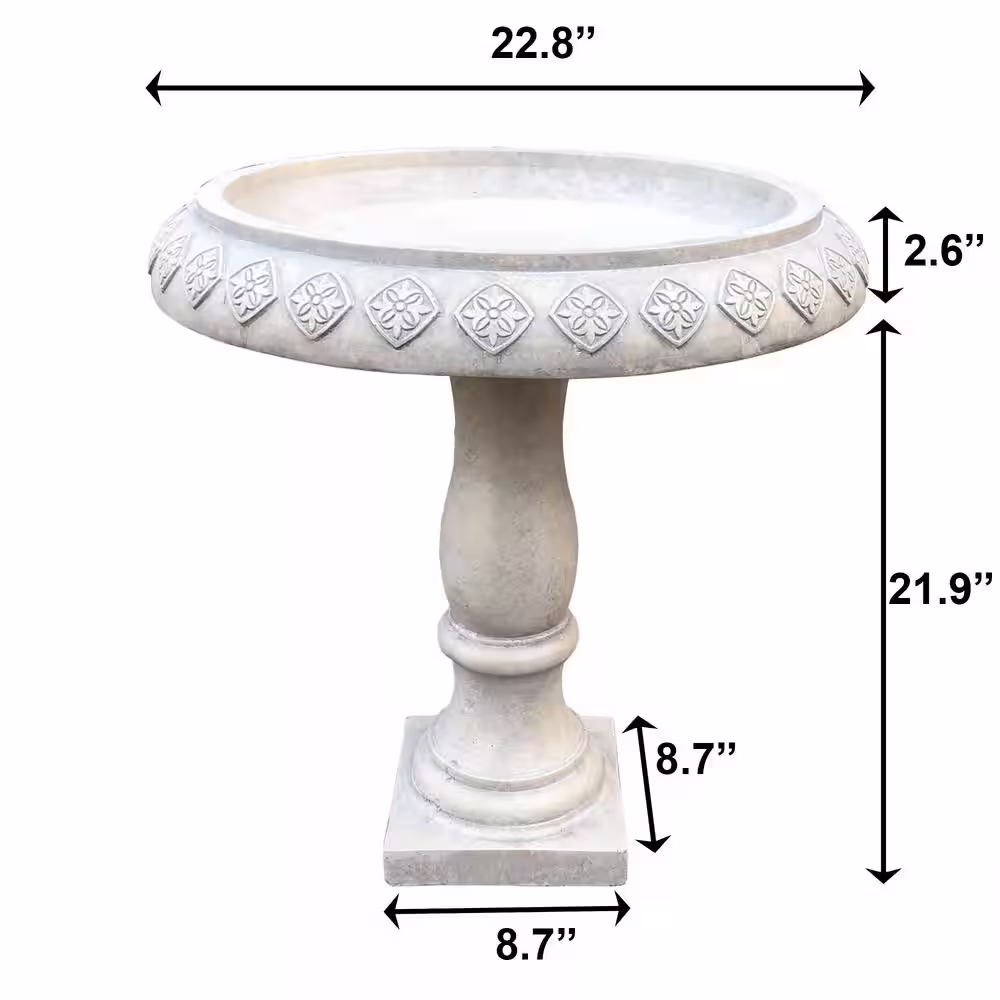 KANTE 22.8 in. Dia Weathered Concrete Lightweight Traditional Textured Flower Diamond Pattern Birdbath