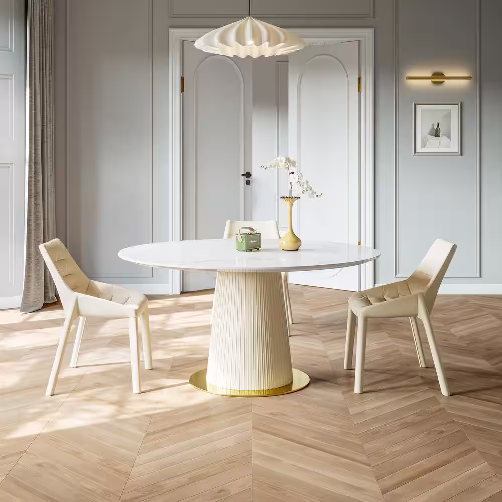 None Functional White Sintered Stone 59.05 in. Palpable Leather and Stainless Steel Pedestal Base Dining Table (8 Seats)