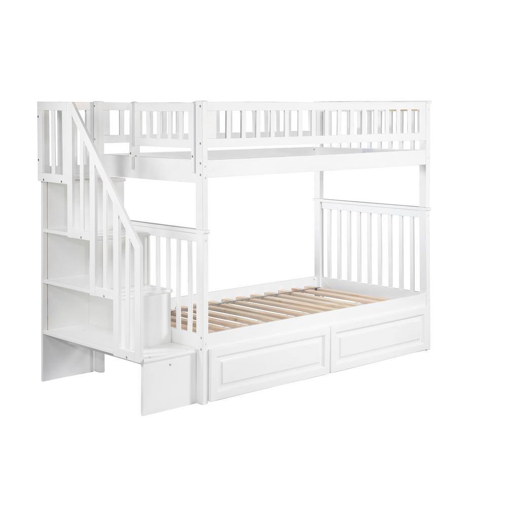AFI Woodland Staircase Bunk Bed Twin over Twin with 2 Raised Panel Bed Drawers in White
