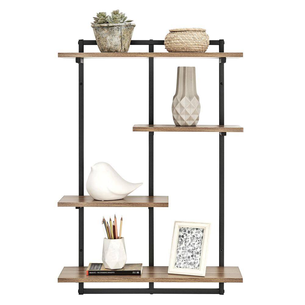 DANYA B Rhodes 34.5 in. 4-Tier Windowsill Wall Shelf with Black Metal Frame and Light Walnut MDF Shelves
