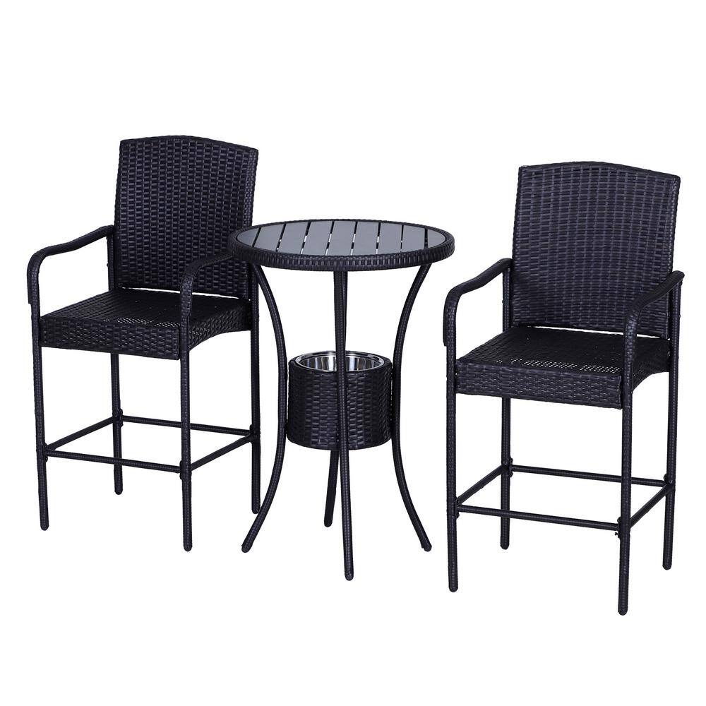 Outsunny 3-Piece Outdoor Plastic Rattan Wicker & Metal Frame Bistro Set with Included Ice Buckets, Bar Stools, and Center Table