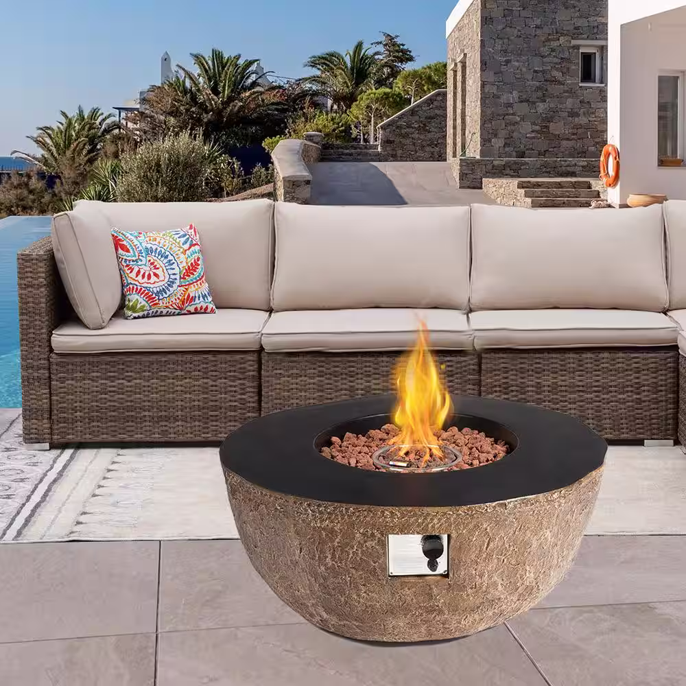 None 42 in. Outdoor Concrete Gas Fire Pit Bowl Brown Faux Stone Large Fire Pit Table Propane/Liquefied Petroleum Gas