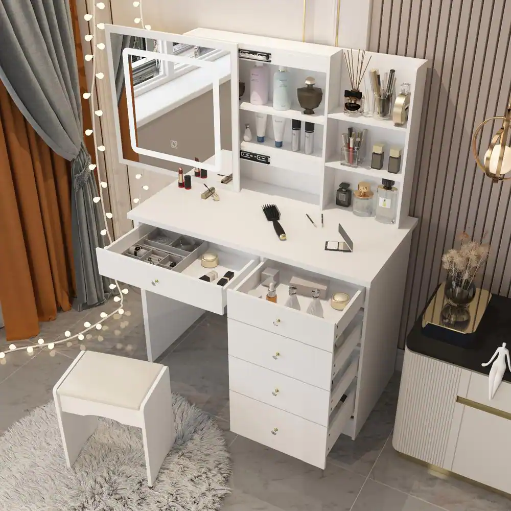 None 5-Drawers White Wood Makeup Vanity Sets Dressing Table Sets With LED Push-Pull Mirror, Stool and Storage Shelves