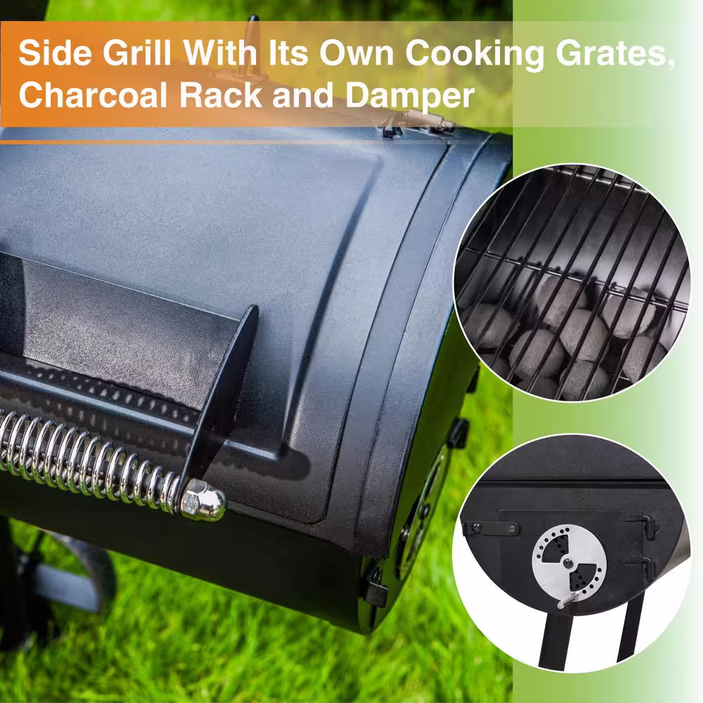 PHI VILLA Offset Charcoal Smoker and Grill in Black