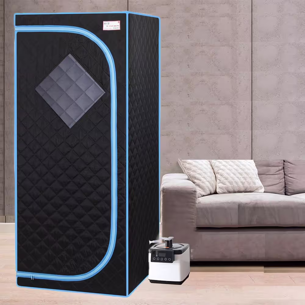 FUNKOL 1-Person Full Size Portable Black Steam Sauna Tent with Steam Generator and Foldable Chair