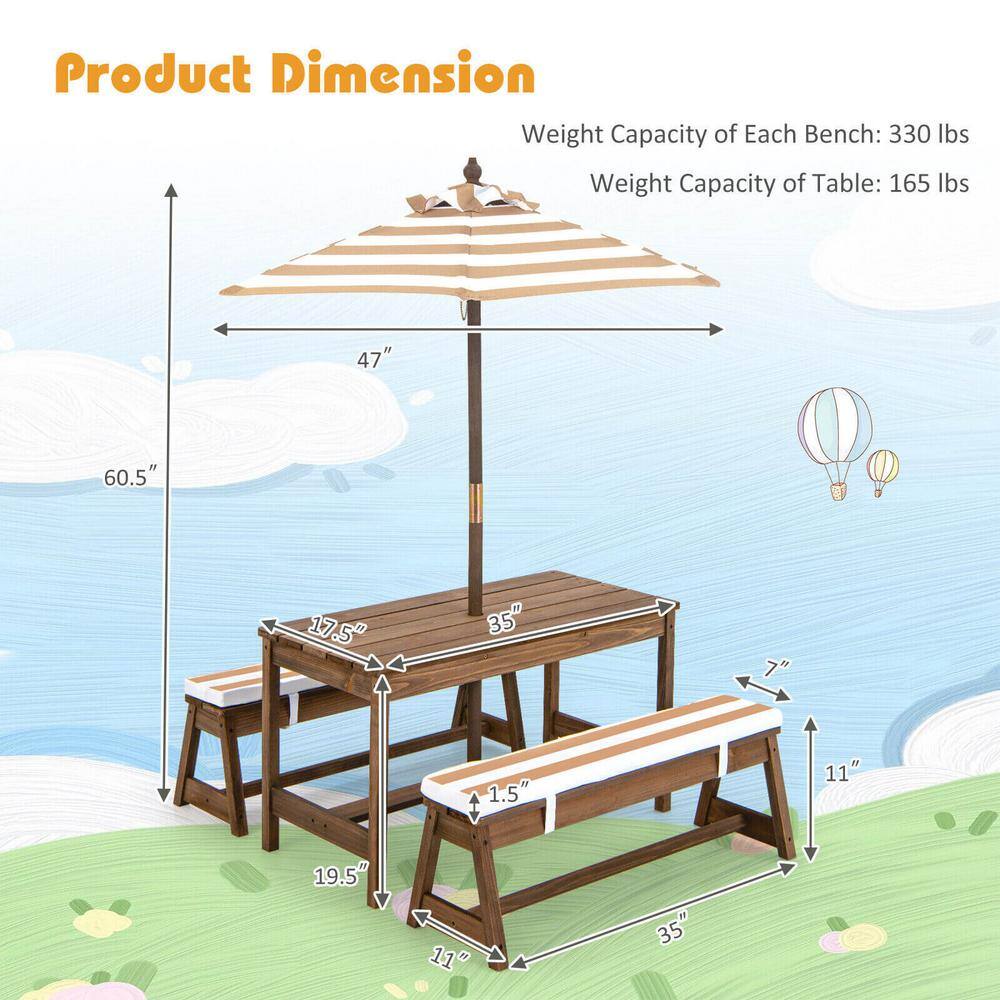 ANGELES HOME 35 in. Brown Rectangle Fir Wood Kids Picnic Table and Chairs with Cushions and Height Adjustable Umbrella