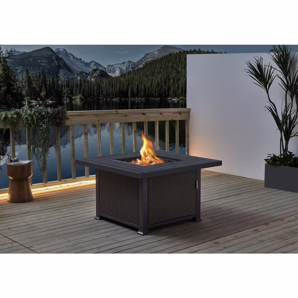 Hampton Bay Vendome 42 in. x 24 in. Square Aluminum Propane Fire Pit in Grey