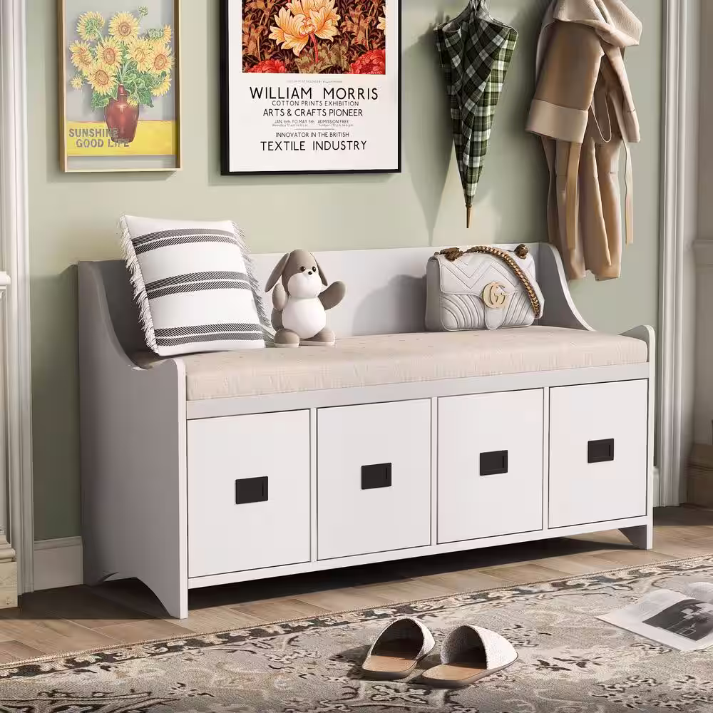 LUCKY ONE Entryway Hallway 48in. H x 15.70in. W White Rectangle Wooden Shoe Storage Bench with 3 drawersï¼Irregular Armchair