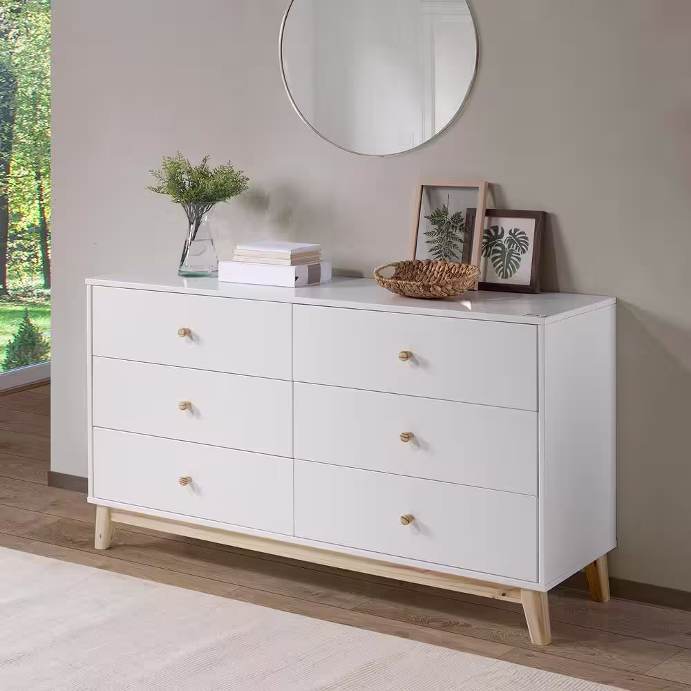 Alaterre Furniture MOD 60 in. W 6-Drawer White Double Dresser 34 in. H x 60 in. W x 17.5 in. D