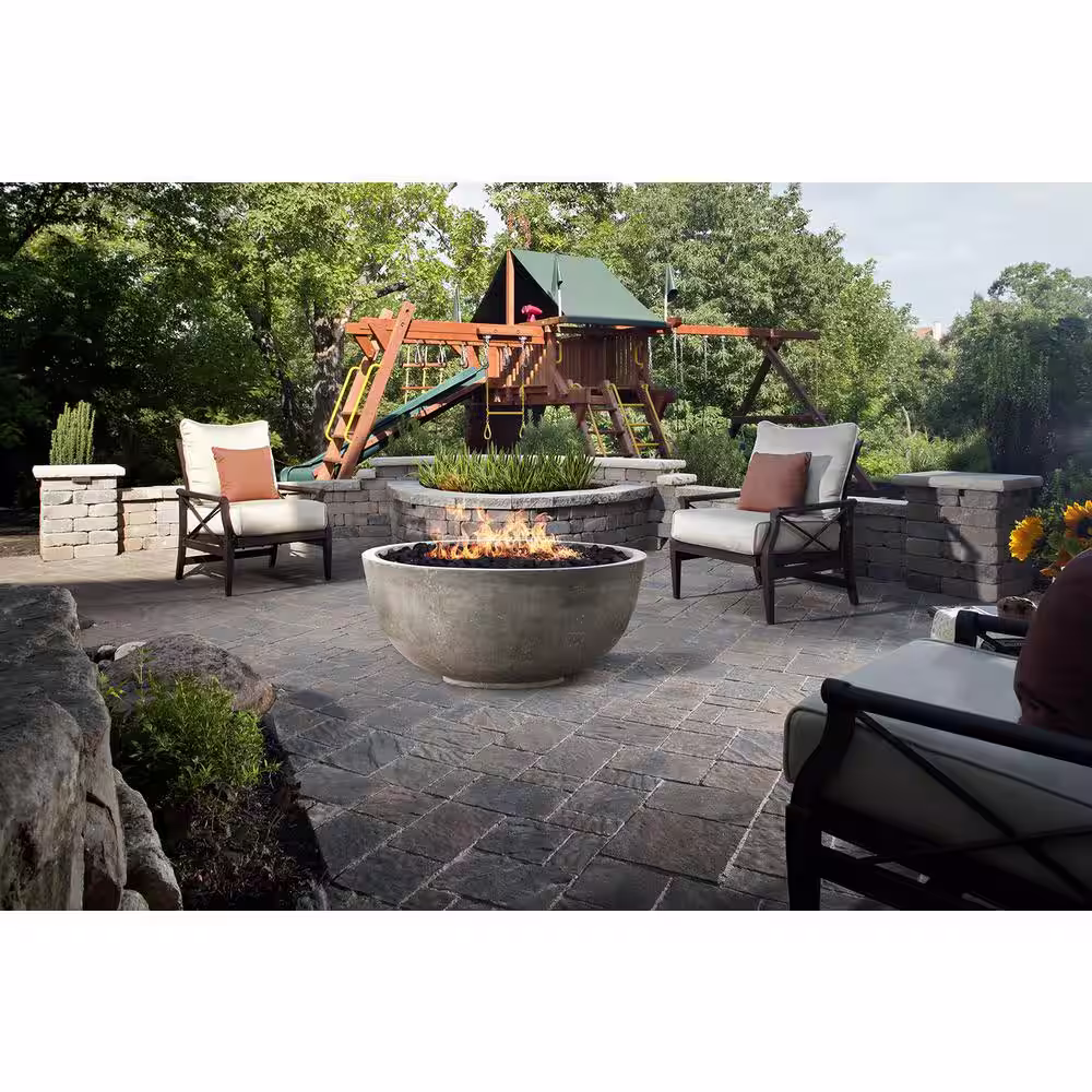 Natco Sonoma 39 in. x 18 in. Round Cement Natural Gas Fire Pit Kit Bowl in Pewter with 54 lbs. Bag of 0.75 in. Black Lava Rock