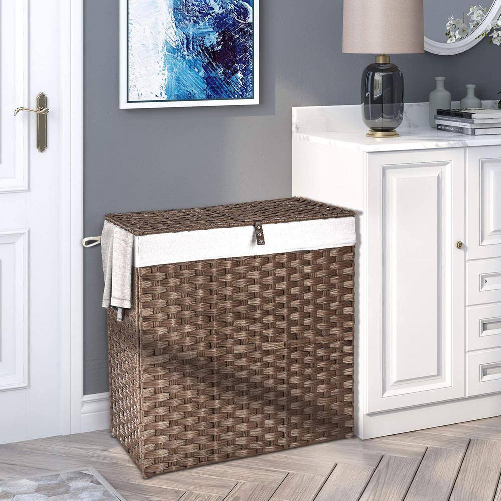 None 110L Rattan Laundry Basket Hamper with 2 Removable Liner Bags Brown